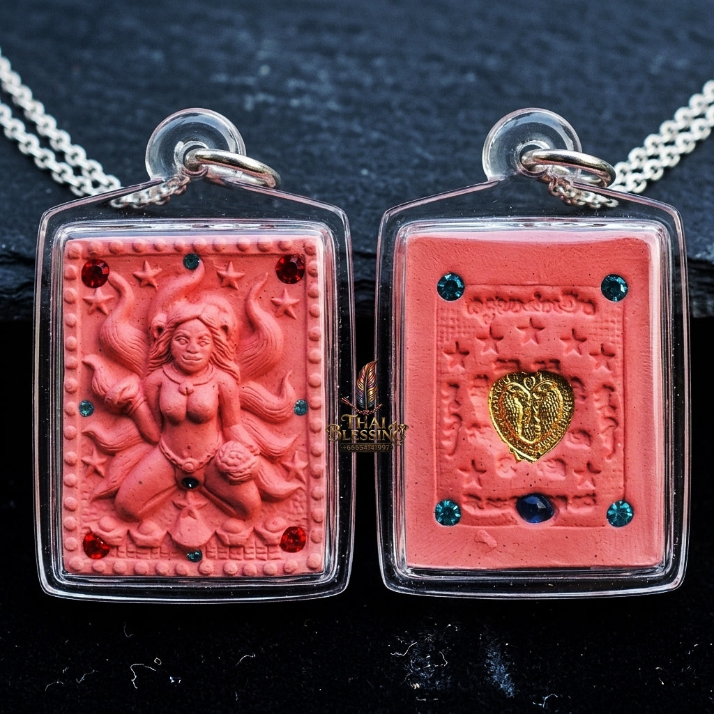 Authentic Thai Amulet "Nine-Tailed Fox Spirit Queen Sacred Charm Powder Pendant" Consecrated by Kruba Khampeng, Asom Sukhawadi B.E. 2566 (2023) - Encrusted with Gemstones & Golden Heart Medallion