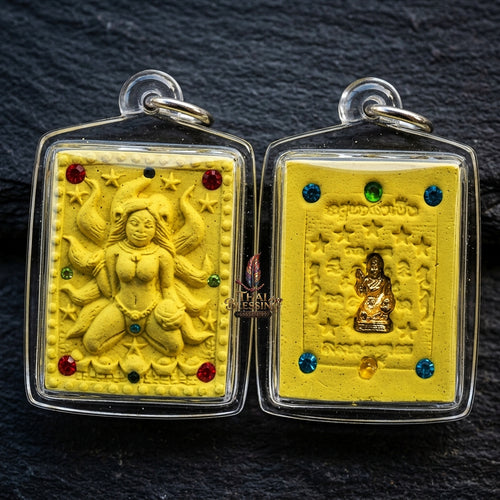 Authentic Thai Amulet "Nine-Tailed Fox Spirit Queen Sacred Yellow Charm Powder Pendant" Consecrated by Kruba Khampeng, Asom Sukhawadi B.E. 2566 (2023) - Encrusted with Gemstones & Golden Nang Kwak Insert