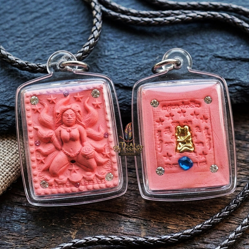 Authentic Thai Amulet "Nine-Tailed Fox Spirit Queen Sacred Pink Charm Powder Pendant" Consecrated by Kruba Khampeng, Asom Sukhawadi B.E. 2566 (2023) - Encrusted with Gemstones & Golden In Koo Couple Insert