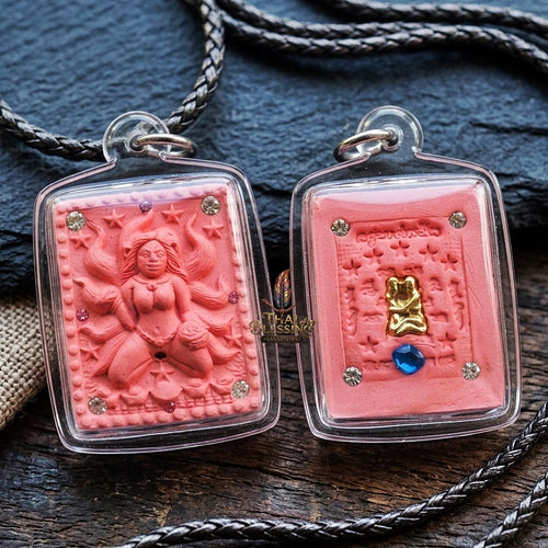 Authentic Thai Amulet "Nine-Tailed Fox Spirit Queen Sacred Pink Charm Powder Pendant" Consecrated by Kruba Khampeng, Asom Sukhawadi B.E. 2566 (2023) - Encrusted with Gemstones & Golden In Koo Couple Insert