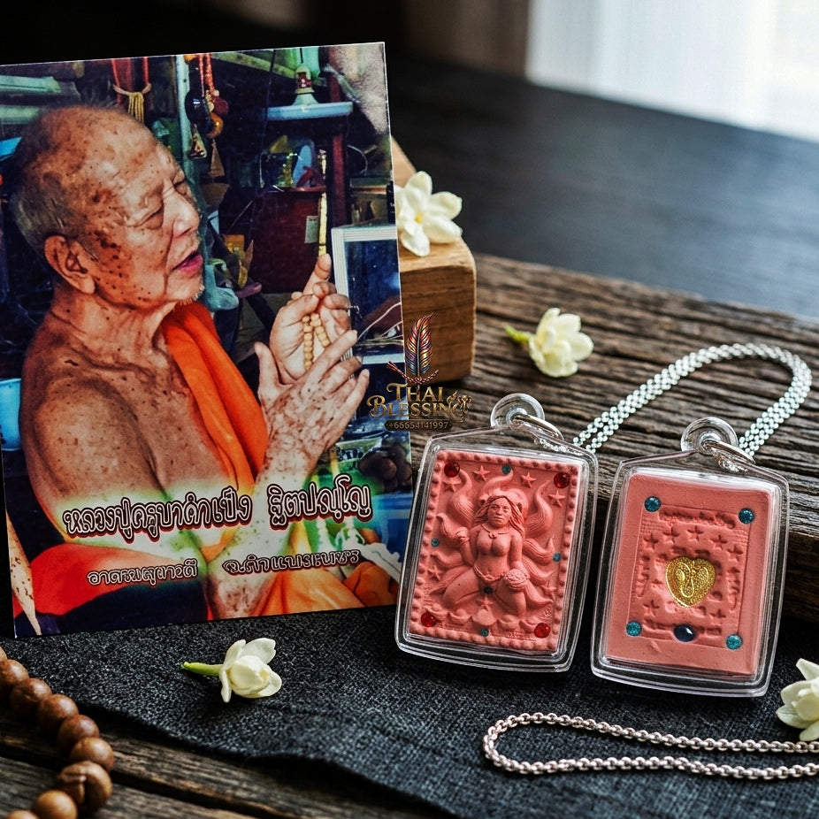 Authentic Thai Amulet "Nine-Tailed Fox Spirit Queen Sacred Charm Powder Pendant" Consecrated by Kruba Khampeng, Asom Sukhawadi B.E. 2566 (2023) - Encrusted with Gemstones & Golden Heart Medallion