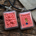 Authentic Thai Amulet "Nine-Tailed Fox Spirit Queen Sacred Pink Charm Powder Pendant" Consecrated by Kruba Khampeng, Asom Sukhawadi B.E. 2566 (2023) - Encrusted with Gemstones & Golden In Koo Couple Insert