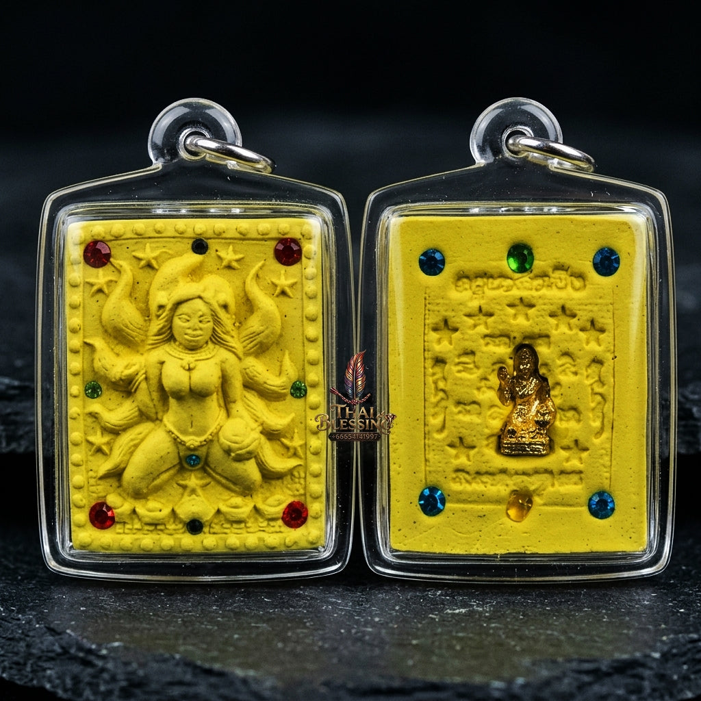 Authentic Thai Amulet "Nine-Tailed Fox Spirit Queen Sacred Yellow Charm Powder Pendant" Consecrated by Kruba Khampeng, Asom Sukhawadi B.E. 2566 (2023) - Encrusted with Gemstones & Golden Nang Kwak Insert