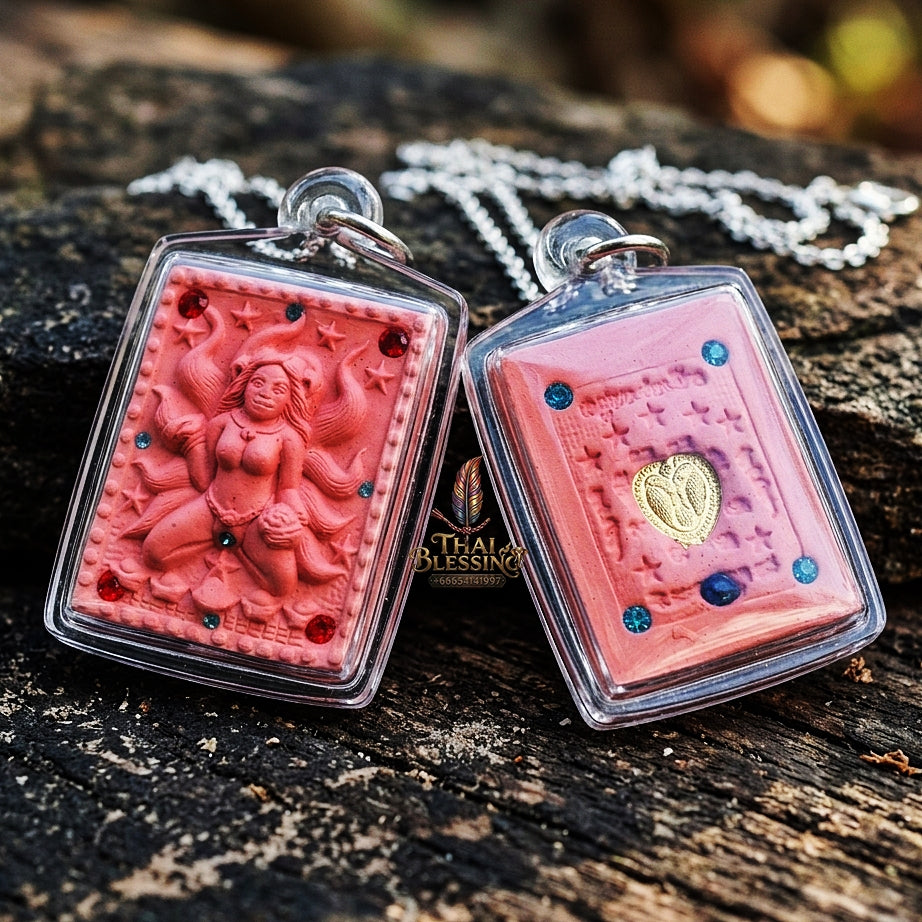 Authentic Thai Amulet "Nine-Tailed Fox Spirit Queen Sacred Charm Powder Pendant" Consecrated by Kruba Khampeng, Asom Sukhawadi B.E. 2566 (2023) - Encrusted with Gemstones & Golden Heart Medallion