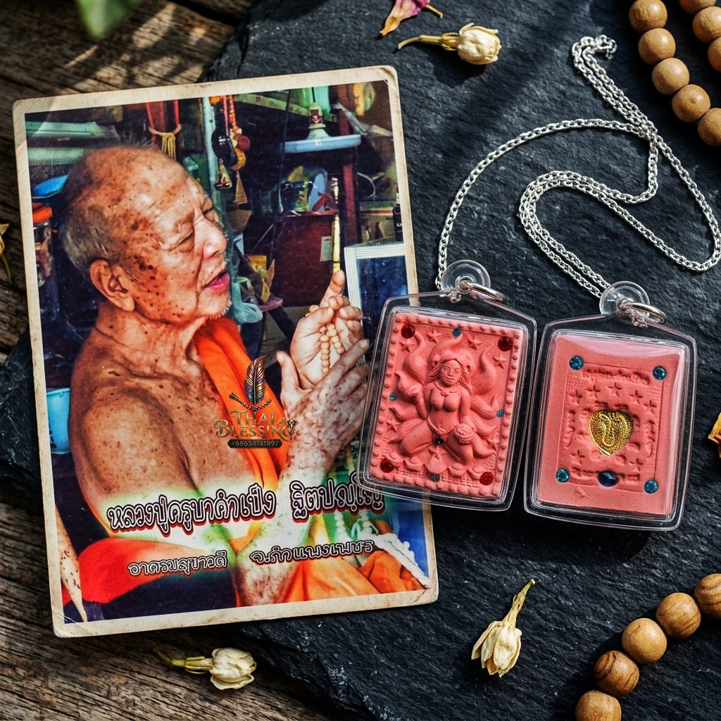 Authentic Thai Amulet "Nine-Tailed Fox Spirit Queen Sacred Charm Powder Pendant" Consecrated by Kruba Khampeng, Asom Sukhawadi B.E. 2566 (2023) - Encrusted with Gemstones & Golden Heart Medallion