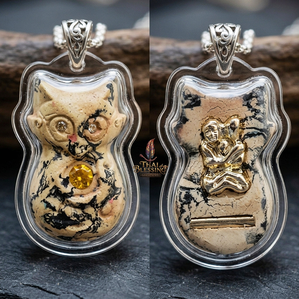 Authentic Thai Nine-Tailed Fox Amulet "White-Black Marble Sacred Powder Fox Pendant with Golden In Koo & Takrut" Consecrated by Kruba Krissana Intawanno at Weruwan Forest Monastery B.E. 2562 (2019)