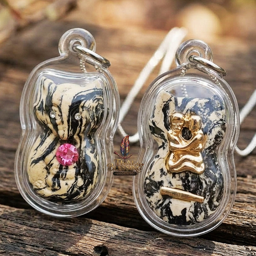 Authentic Thai Nine-Tailed Fox Amulet "White & Black Marble Sacred Powder Fox Pendant with Pink Gem, Golden In Koo & Takrut" Consecrated by Kruba Krissana Intawanno at Weruwan Forest Monastery B.E. 2562 (2019)