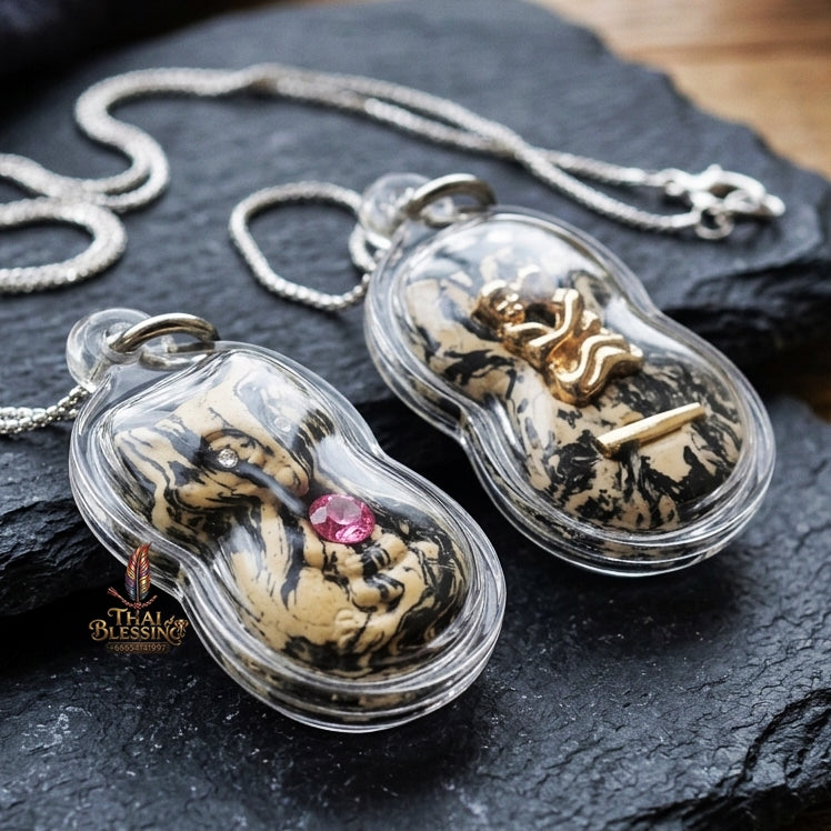 Authentic Thai Nine-Tailed Fox Amulet "White & Black Marble Sacred Powder Fox Pendant with Pink Gem, Golden In Koo & Takrut" Consecrated by Kruba Krissana Intawanno at Weruwan Forest Monastery B.E. 2562 (2019)