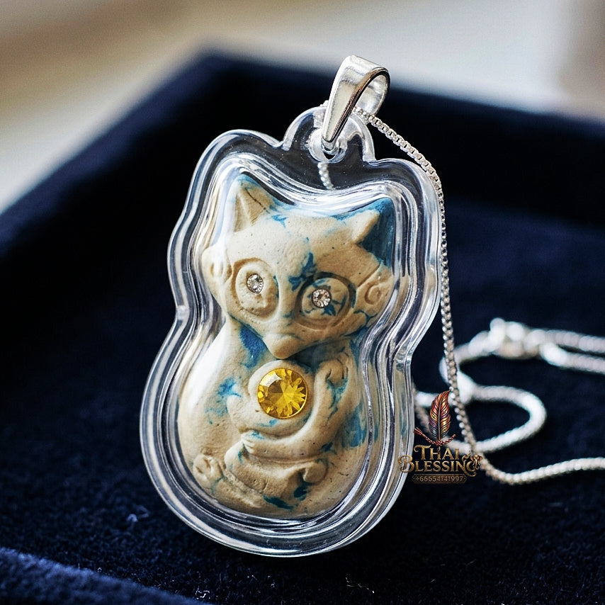 Authentic Thai Nine-Tailed Fox Amulet "White & Blue Marble Sacred Powder Fox Pendant with Golden In Koo & Takrut" Consecrated by Kruba Krissana Intawanno at Weruwan Forest Monastery B.E. 2562 (2019)