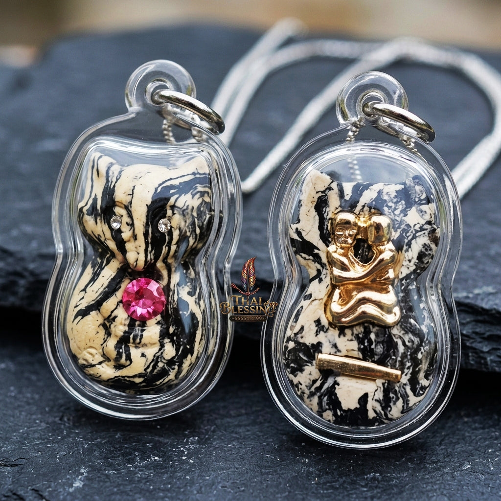 Authentic Thai Nine-Tailed Fox Amulet "White & Black Marble Sacred Powder Fox Pendant with Pink Gem, Golden In Koo & Takrut" Consecrated by Kruba Krissana Intawanno at Weruwan Forest Monastery B.E. 2562 (2019)