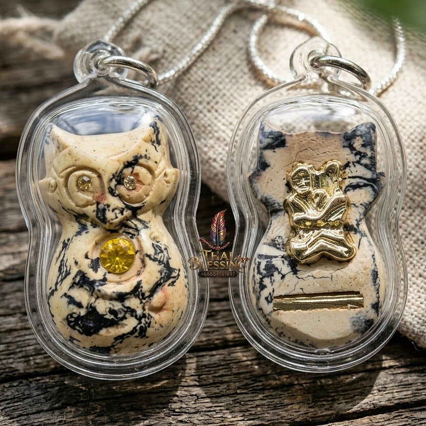 Authentic Thai Nine-Tailed Fox Amulet "White-Black Marble Sacred Powder Fox Pendant with Golden In Koo & Takrut" Consecrated by Kruba Krissana Intawanno at Weruwan Forest Monastery B.E. 2562 (2019)