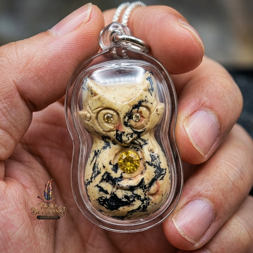 Authentic Thai Nine-Tailed Fox Amulet "White-Black Marble Sacred Powder Fox Pendant with Golden In Koo & Takrut" Consecrated by Kruba Krissana Intawanno at Weruwan Forest Monastery B.E. 2562 (2019)