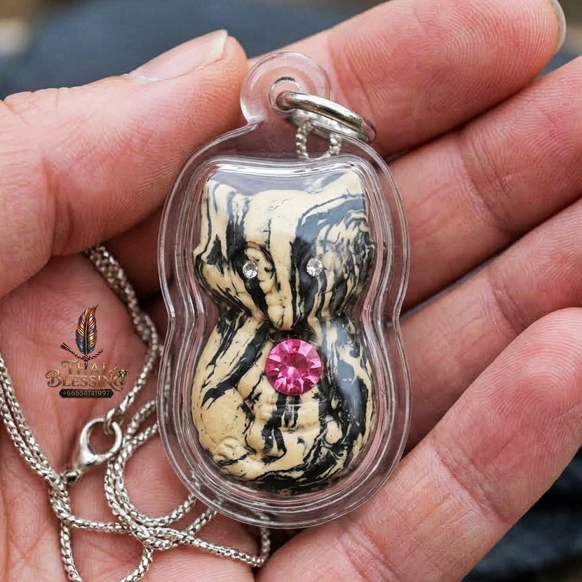 Authentic Thai Nine-Tailed Fox Amulet "White & Black Marble Sacred Powder Fox Pendant with Pink Gem, Golden In Koo & Takrut" Consecrated by Kruba Krissana Intawanno at Weruwan Forest Monastery B.E. 2562 (2019)