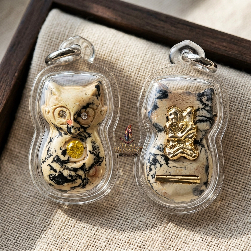Authentic Thai Nine-Tailed Fox Amulet "White-Black Marble Sacred Powder Fox Pendant with Golden In Koo & Takrut" Consecrated by Kruba Krissana Intawanno at Weruwan Forest Monastery B.E. 2562 (2019)