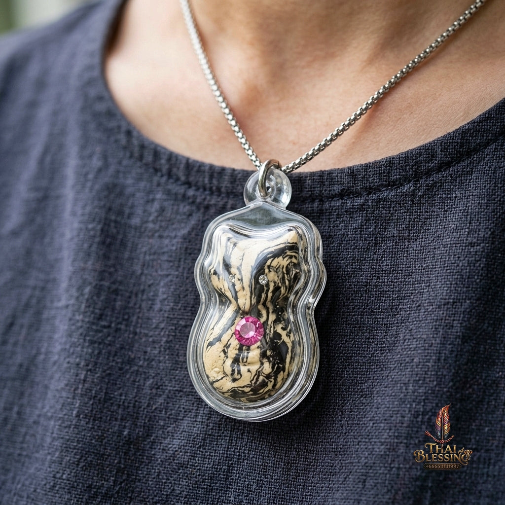 Authentic Thai Nine-Tailed Fox Amulet "White & Black Marble Sacred Powder Fox Pendant with Pink Gem, Golden In Koo & Takrut" Consecrated by Kruba Krissana Intawanno at Weruwan Forest Monastery B.E. 2562 (2019)