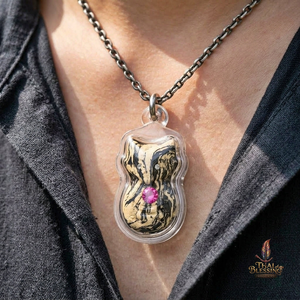 Authentic Thai Nine-Tailed Fox Amulet "White & Black Marble Sacred Powder Fox Pendant with Pink Gem, Golden In Koo & Takrut" Consecrated by Kruba Krissana Intawanno at Weruwan Forest Monastery B.E. 2562 (2019)