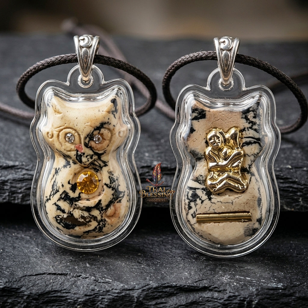 Authentic Thai Nine-Tailed Fox Amulet "White-Black Marble Sacred Powder Fox Pendant with Golden In Koo & Takrut" Consecrated by Kruba Krissana Intawanno at Weruwan Forest Monastery B.E. 2562 (2019)