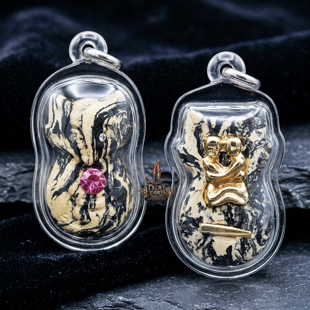 Authentic Thai Nine-Tailed Fox Amulet "White & Black Marble Sacred Powder Fox Pendant with Pink Gem, Golden In Koo & Takrut" Consecrated by Kruba Krissana Intawanno at Weruwan Forest Monastery B.E. 2562 (2019)
