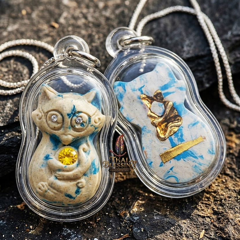 Authentic Thai Nine-Tailed Fox Amulet "White & Blue Marble Sacred Powder Fox Pendant with Golden In Koo & Takrut" Consecrated by Kruba Krissana Intawanno at Weruwan Forest Monastery B.E. 2562 (2019)