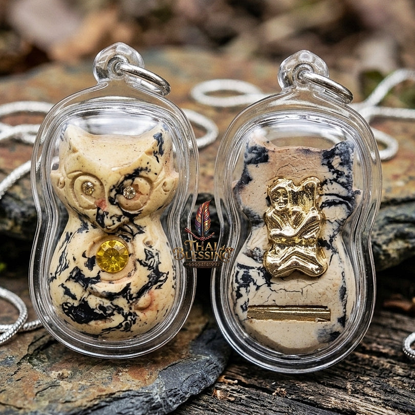 Authentic Thai Nine-Tailed Fox Amulet "White-Black Marble Sacred Powder Fox Pendant with Golden In Koo & Takrut" Consecrated by Kruba Krissana Intawanno at Weruwan Forest Monastery B.E. 2562 (2019)