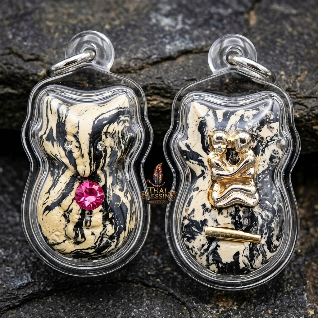 Authentic Thai Nine-Tailed Fox Amulet "White & Black Marble Sacred Powder Fox Pendant with Pink Gem, Golden In Koo & Takrut" Consecrated by Kruba Krissana Intawanno at Weruwan Forest Monastery B.E. 2562 (2019)