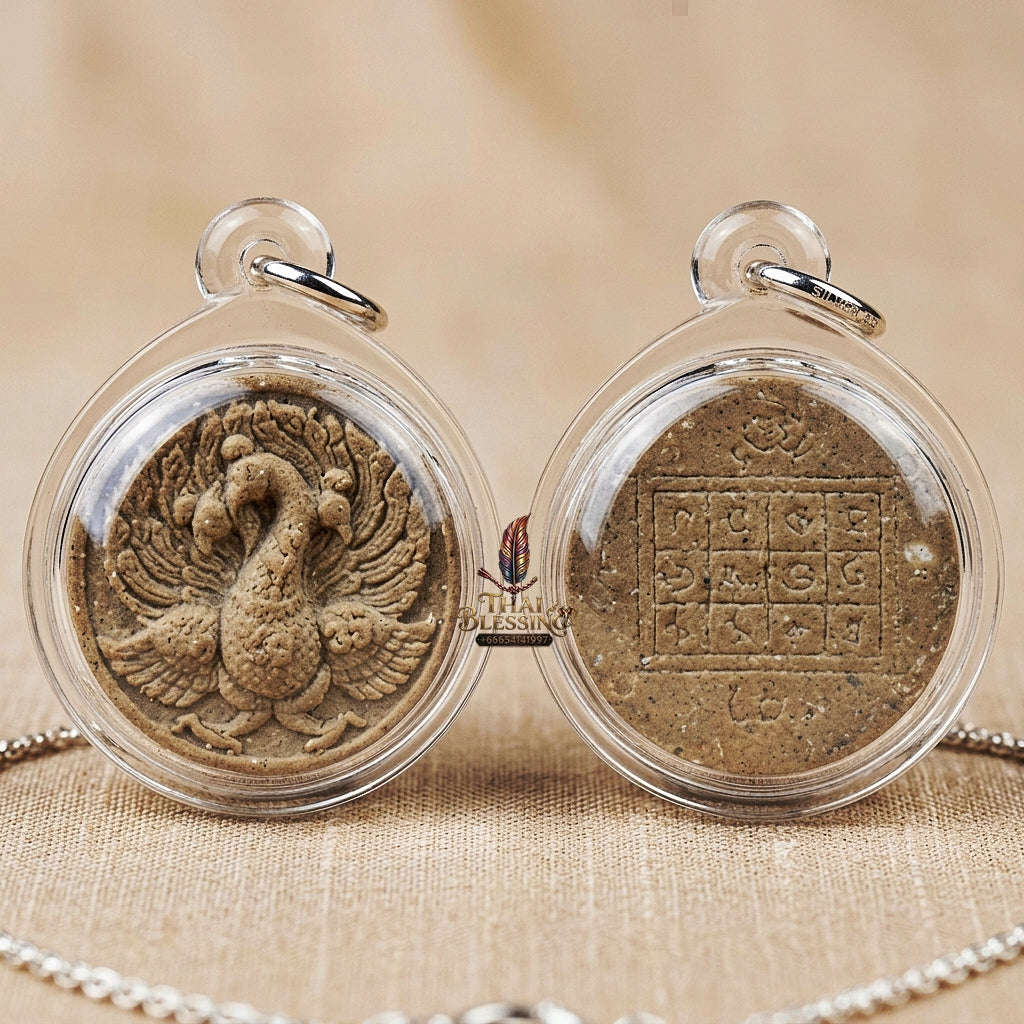 Nokyung Kham Thai Amulet Protection talisman good luck charm spiritual jewelry Golden Peacock King Wealth Attraction Metta Maha Saneh Phrai Kuman Tiger Oil Thai Blessing Co By RURUECHA