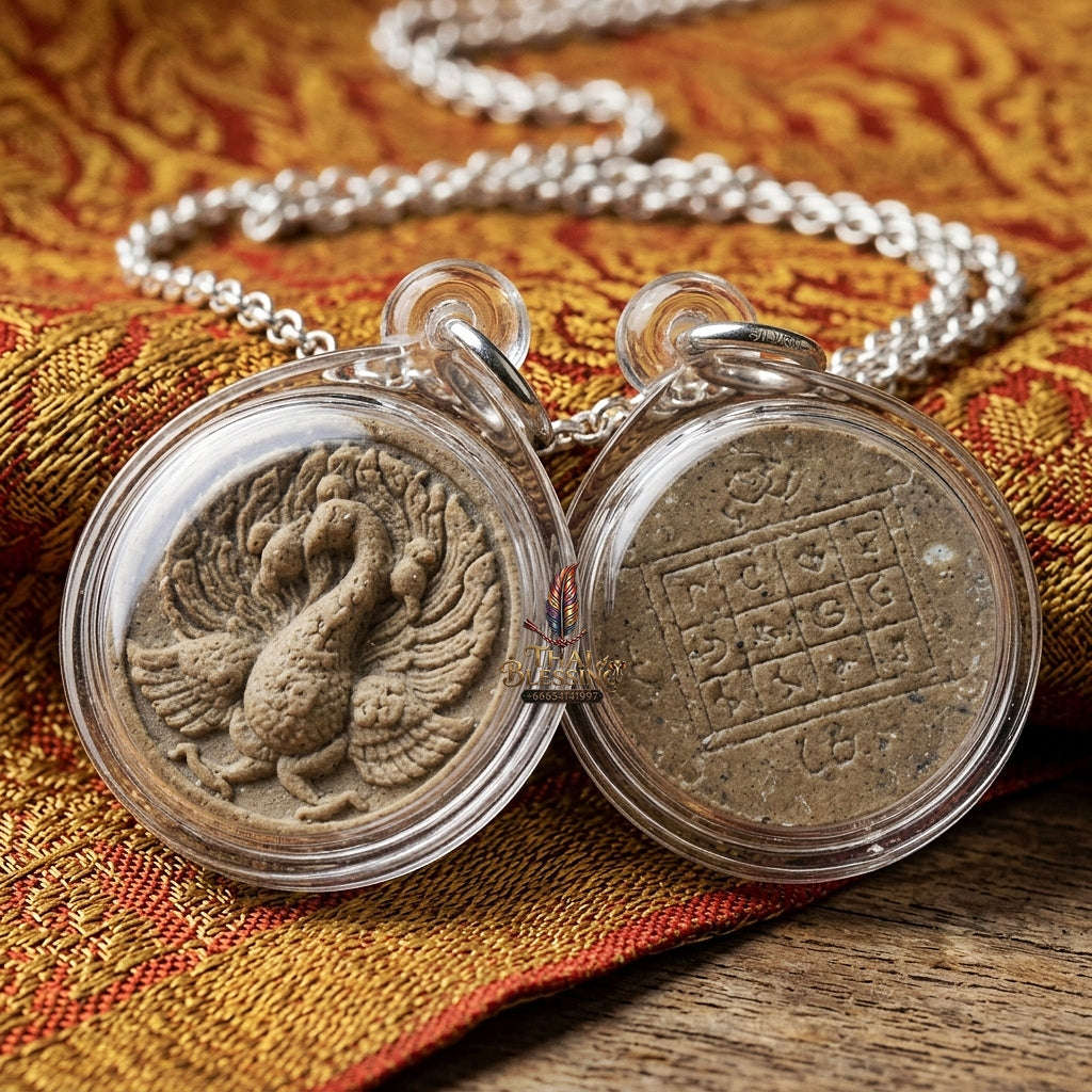 Nokyung Kham Thai Amulet Protection talisman good luck charm spiritual jewelry Golden Peacock King Wealth Attraction Metta Maha Saneh Phrai Kuman Tiger Oil Thai Blessing Co By RURUECHA