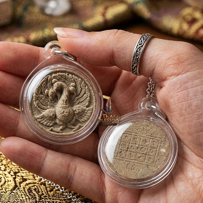 Nokyung Kham Thai Amulet Protection talisman good luck charm spiritual jewelry Golden Peacock King Wealth Attraction Metta Maha Saneh Phrai Kuman Tiger Oil Thai Blessing Co By RURUECHA