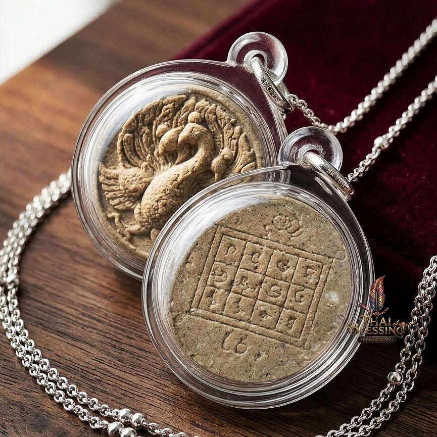 Nokyung Kham Thai Amulet Protection talisman good luck charm spiritual jewelry Golden Peacock King Wealth Attraction Metta Maha Saneh Phrai Kuman Tiger Oil Thai Blessing Co By RURUECHA