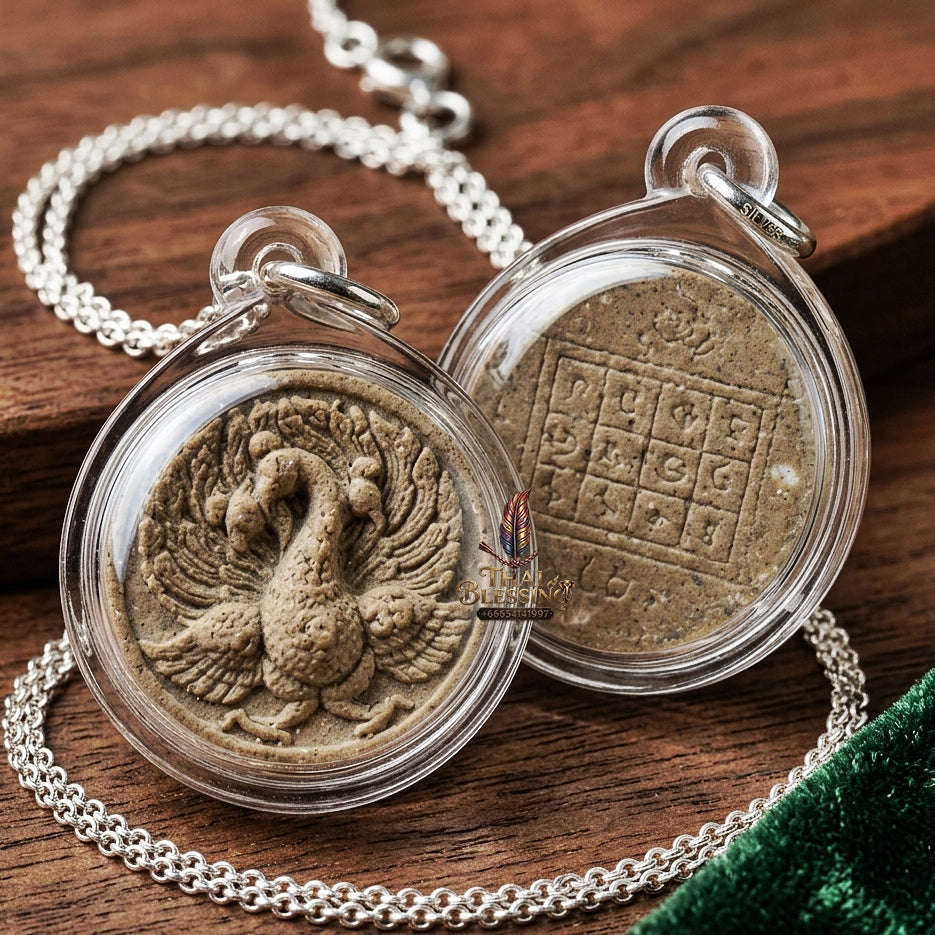 Nokyung Kham Thai Amulet Protection talisman good luck charm spiritual jewelry Golden Peacock King Wealth Attraction Metta Maha Saneh Phrai Kuman Tiger Oil Thai Blessing Co By RURUECHA