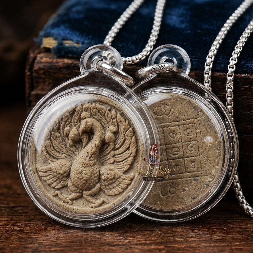 Nokyung Kham Thai Amulet Protection talisman good luck charm spiritual jewelry Golden Peacock King Wealth Attraction Metta Maha Saneh Phrai Kuman Tiger Oil Thai Blessing Co By RURUECHA