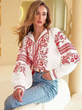 🌿 Nomad Spirit: Retro National Print Lantern Sleeve Blouse – Boho Lace-Up Tassel Top & Loose Casual Tunic S