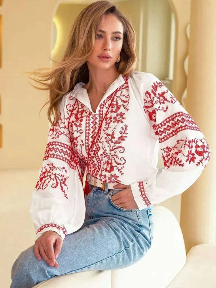 🌿 Nomad Spirit: Retro National Print Lantern Sleeve Blouse – Boho Lace-Up Tassel Top & Loose Casual Tunic S
