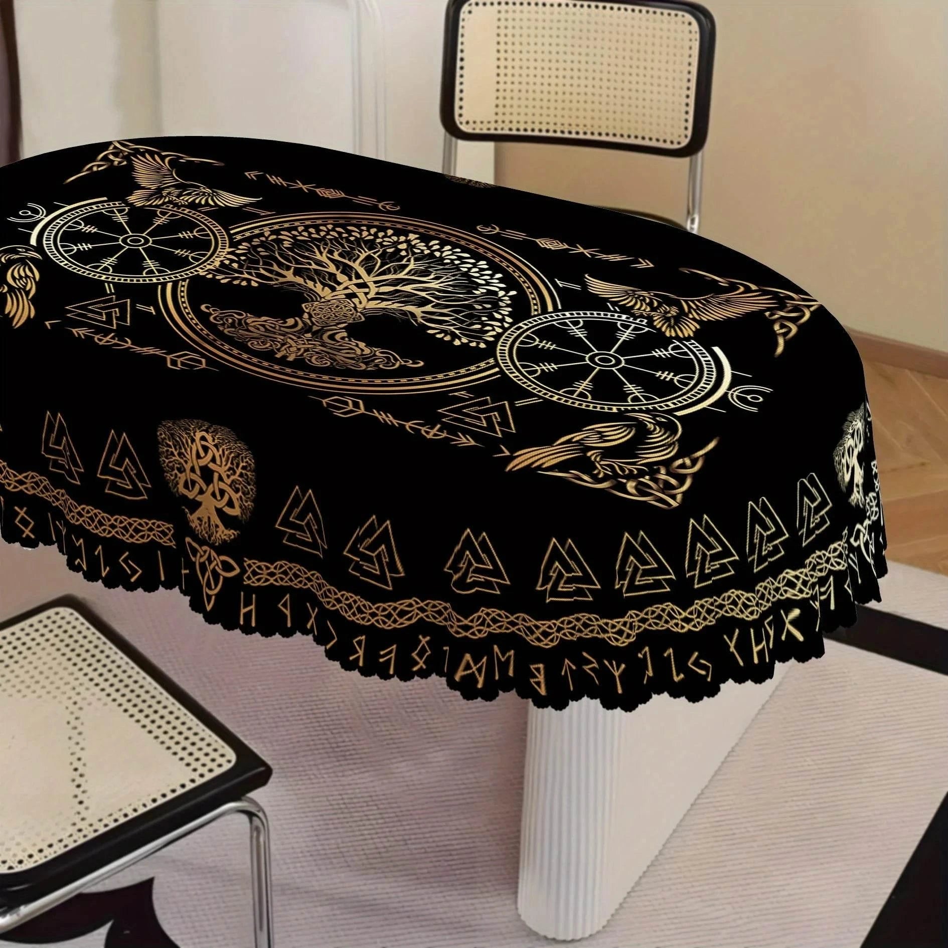 Norse Rune Tablecloth - Premium Gold Viking Crow Rectangle Decor for Elegant Dining