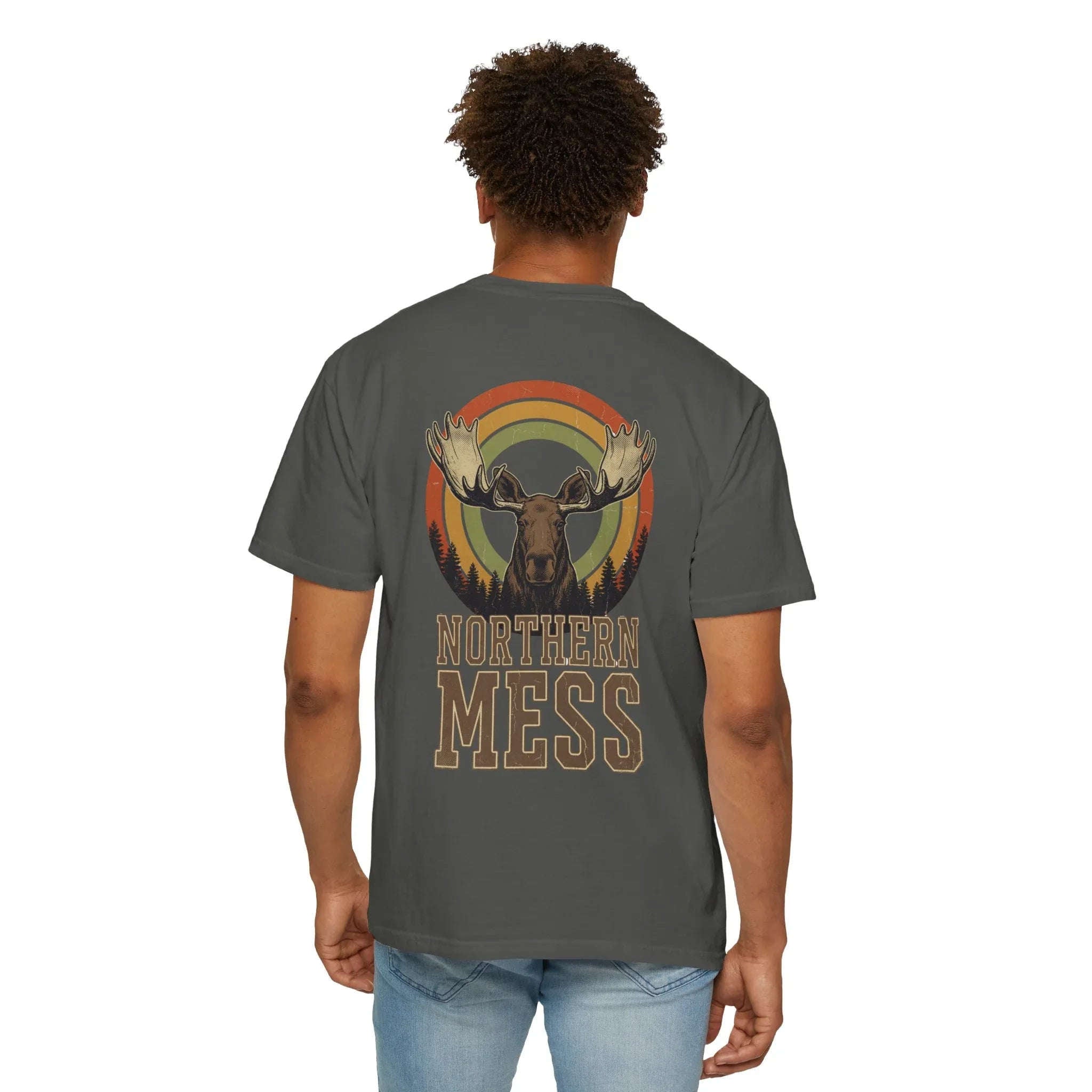 Northern Mess Moose Shirt, Retro Sunset Rainbow Tee, Vintage Wildlife Graphic T-Shirt, Cabin Camping Hiking Outdoors Gift Pepper