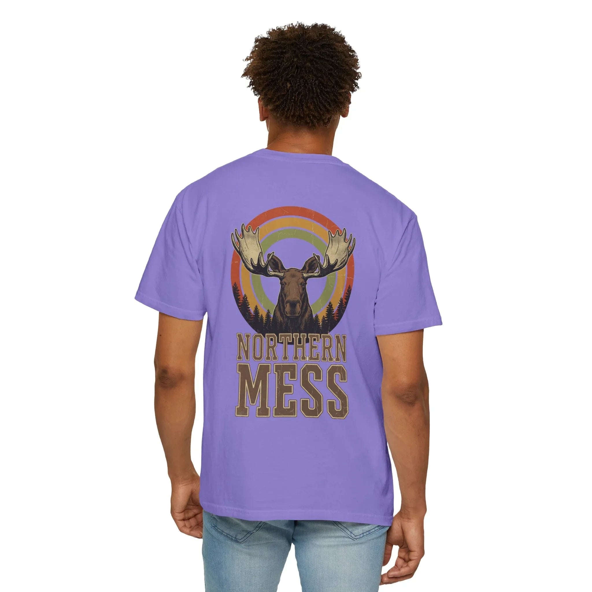 Northern Mess Moose Shirt, Retro Sunset Rainbow Tee, Vintage Wildlife Graphic T-Shirt, Cabin Camping Hiking Outdoors Gift Violet