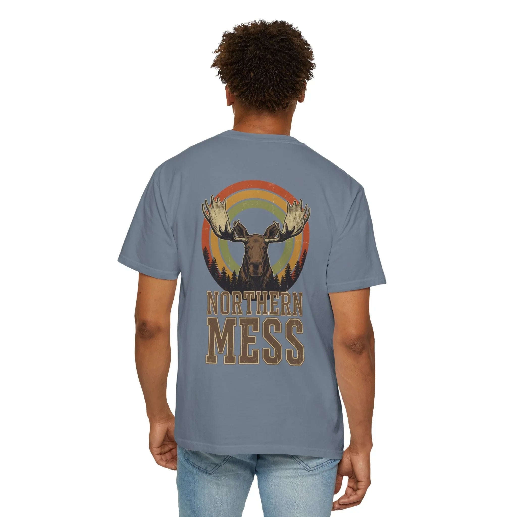 Northern Mess Moose Shirt, Retro Sunset Rainbow Tee, Vintage Wildlife Graphic T-Shirt, Cabin Camping Hiking Outdoors Gift Blue Jean