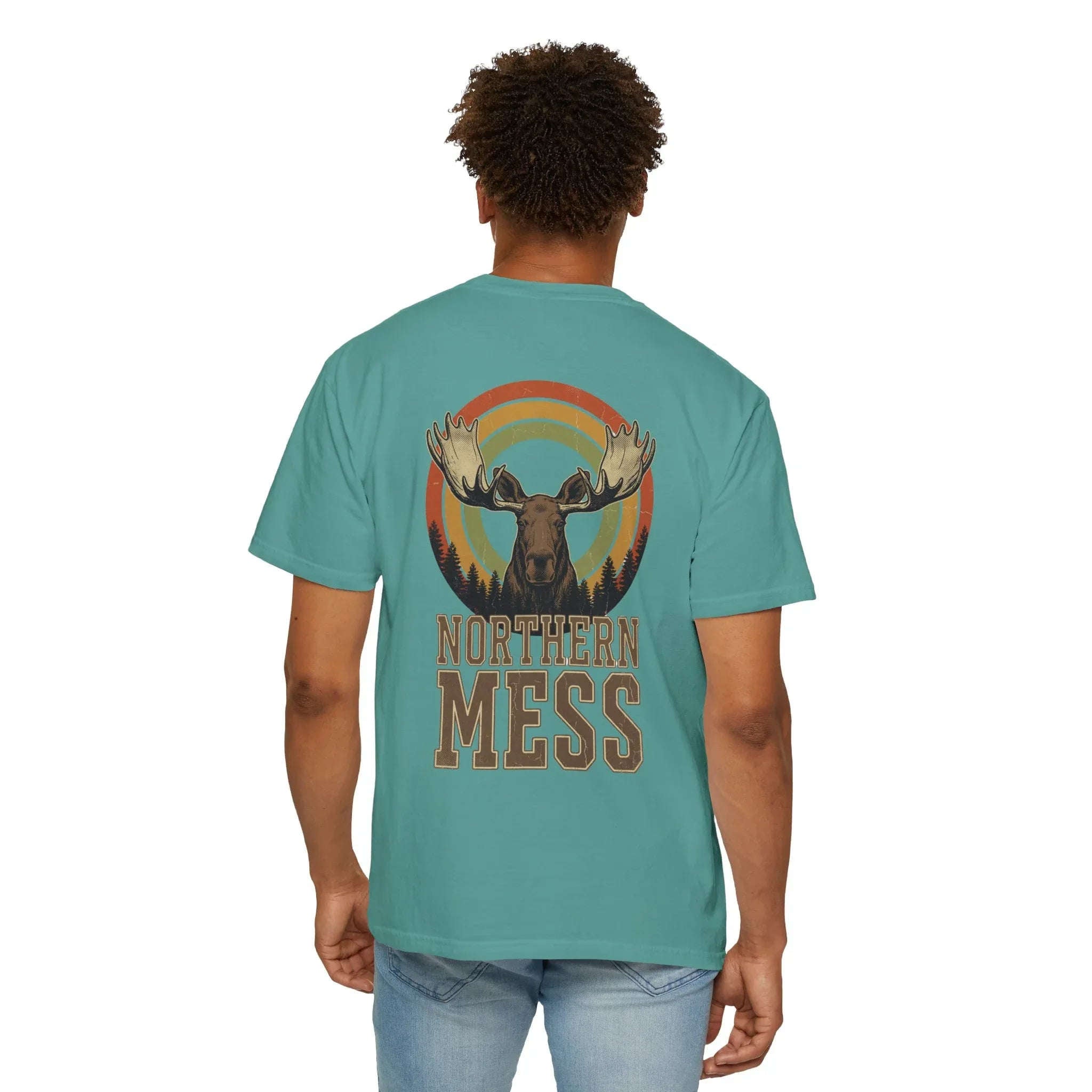 Northern Mess Moose Shirt, Retro Sunset Rainbow Tee, Vintage Wildlife Graphic T-Shirt, Cabin Camping Hiking Outdoors Gift Seafoam