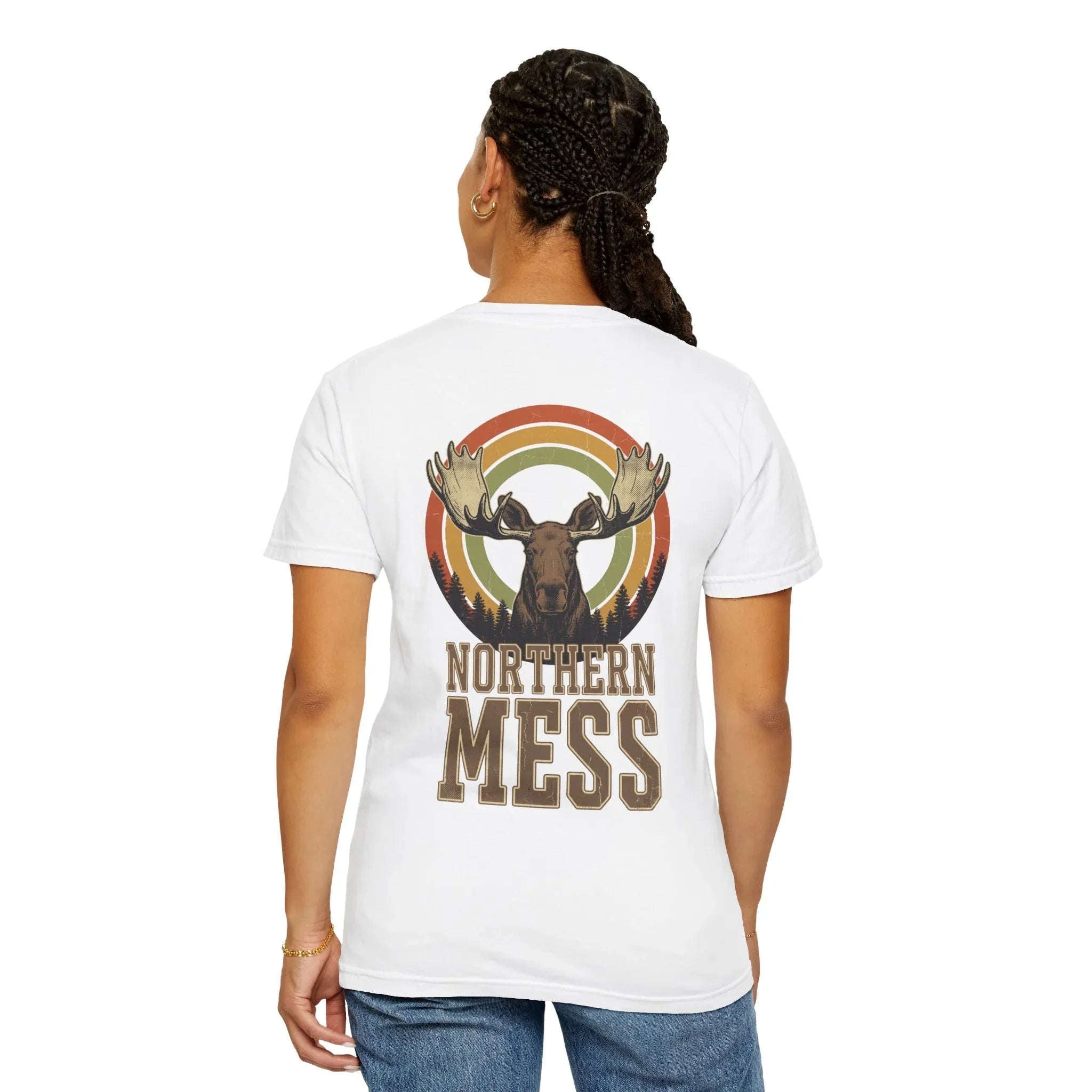 Northern Mess Moose Shirt, Retro Sunset Rainbow Tee, Vintage Wildlife Graphic T-Shirt, Cabin Camping Hiking Outdoors Gift