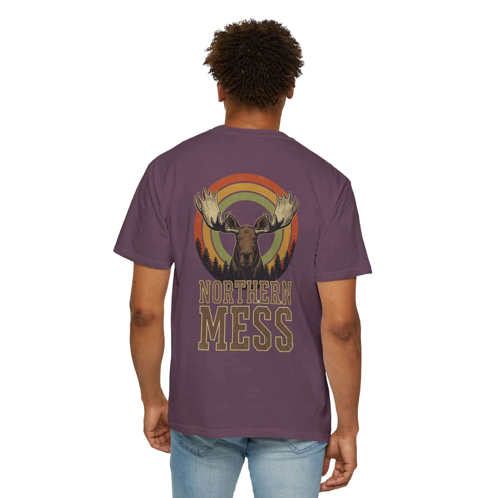 Northern Mess Moose Shirt, Retro Sunset Rainbow Tee, Vintage Wildlife Graphic T-Shirt, Cabin Camping Hiking Outdoors Gift Berry M