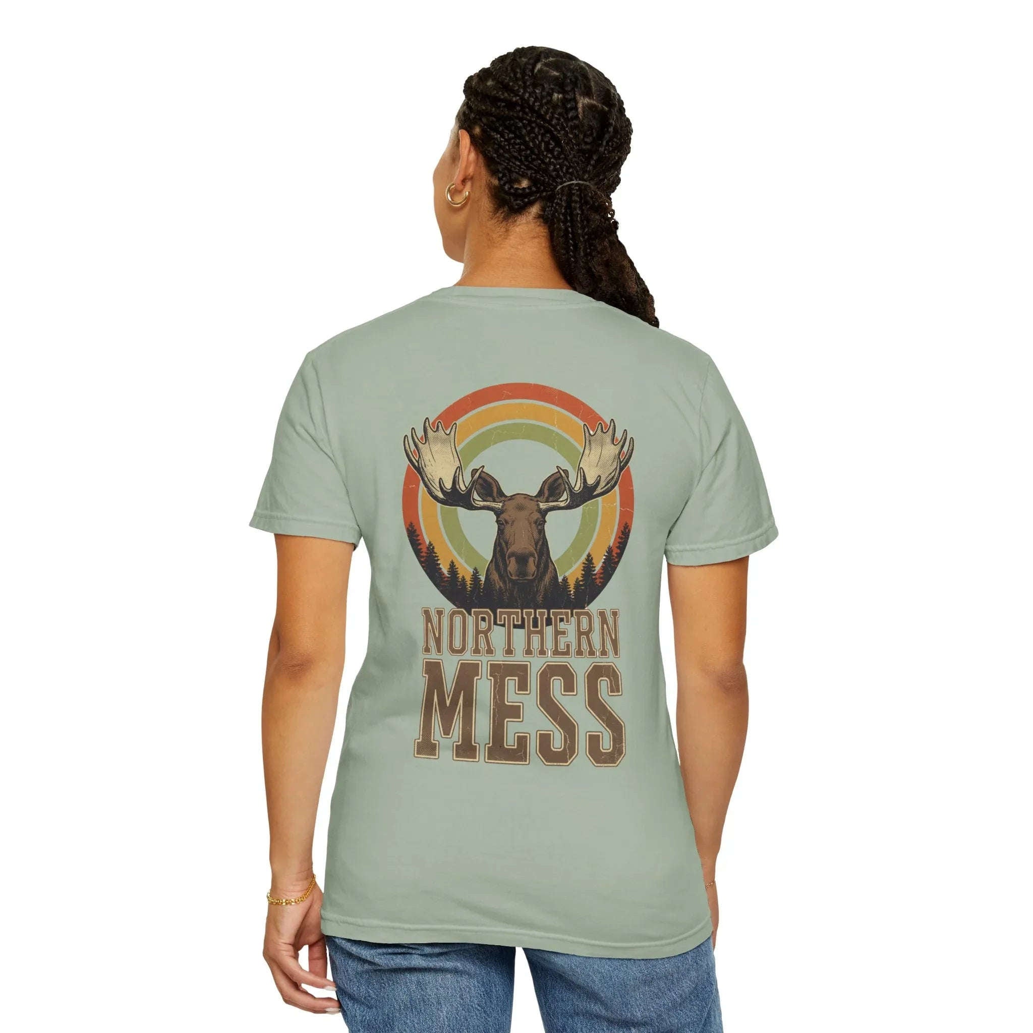Northern Mess Moose Shirt, Retro Sunset Rainbow Tee, Vintage Wildlife Graphic T-Shirt, Cabin Camping Hiking Outdoors Gift