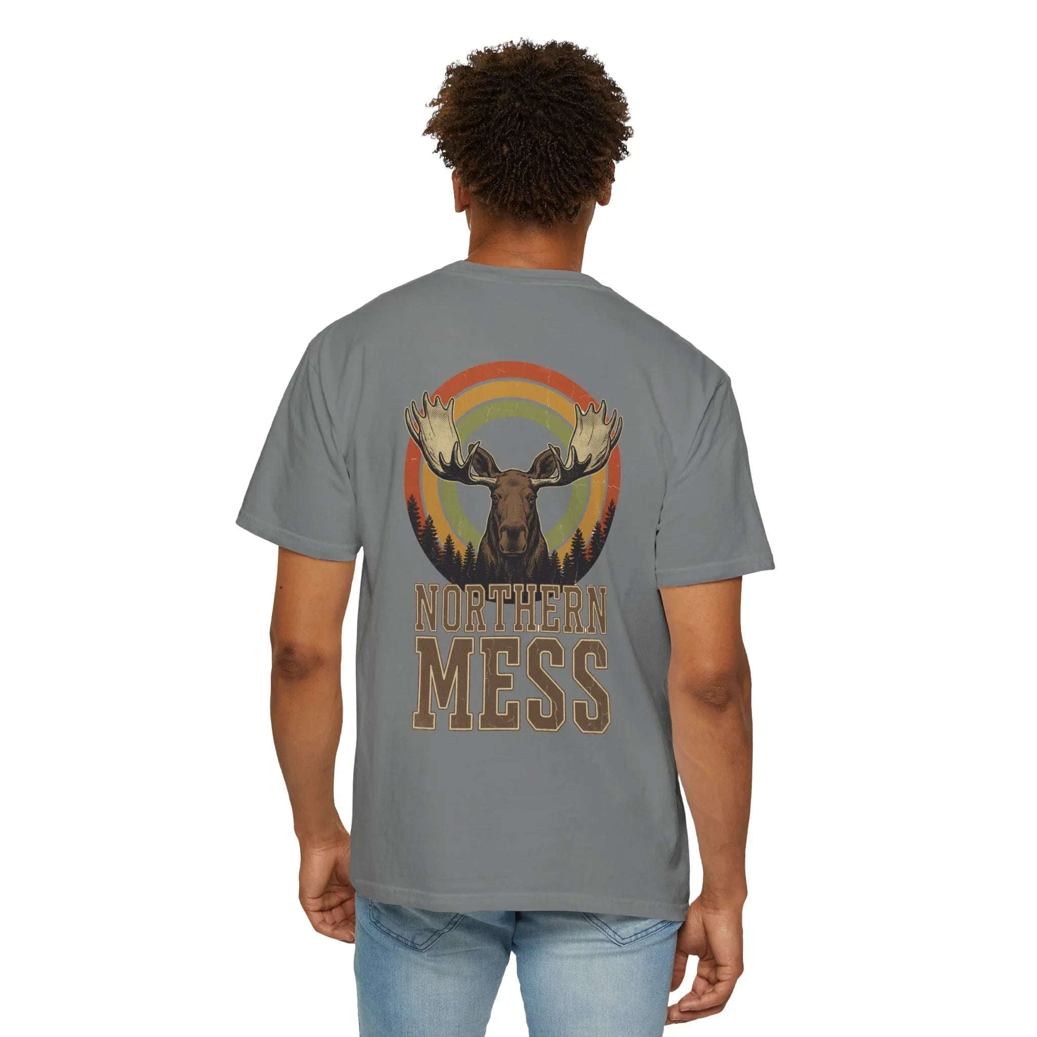Northern Mess Moose Shirt, Retro Sunset Rainbow Tee, Vintage Wildlife Graphic T-Shirt, Cabin Camping Hiking Outdoors Gift Grey