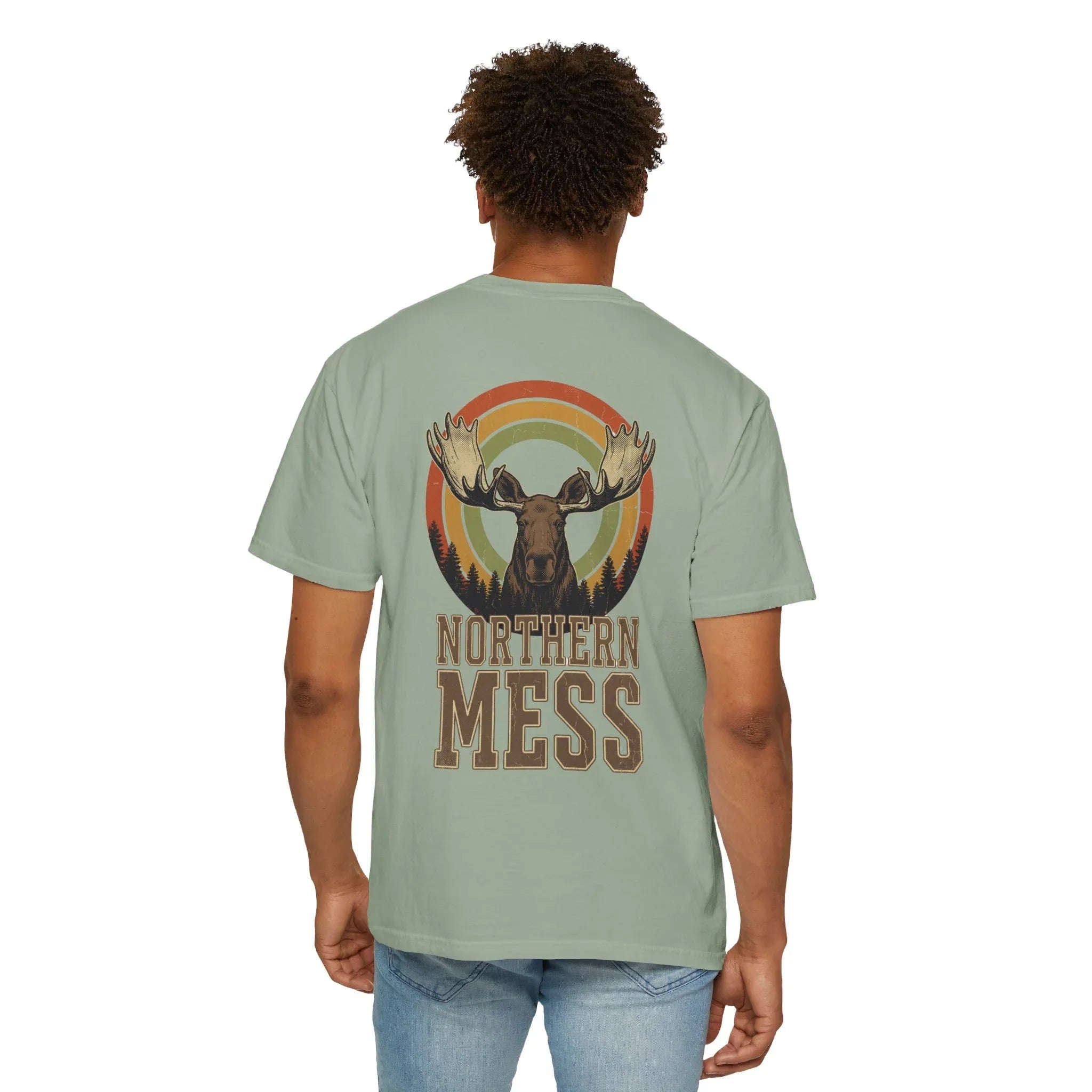 Northern Mess Moose Shirt, Retro Sunset Rainbow Tee, Vintage Wildlife Graphic T-Shirt, Cabin Camping Hiking Outdoors Gift Bay