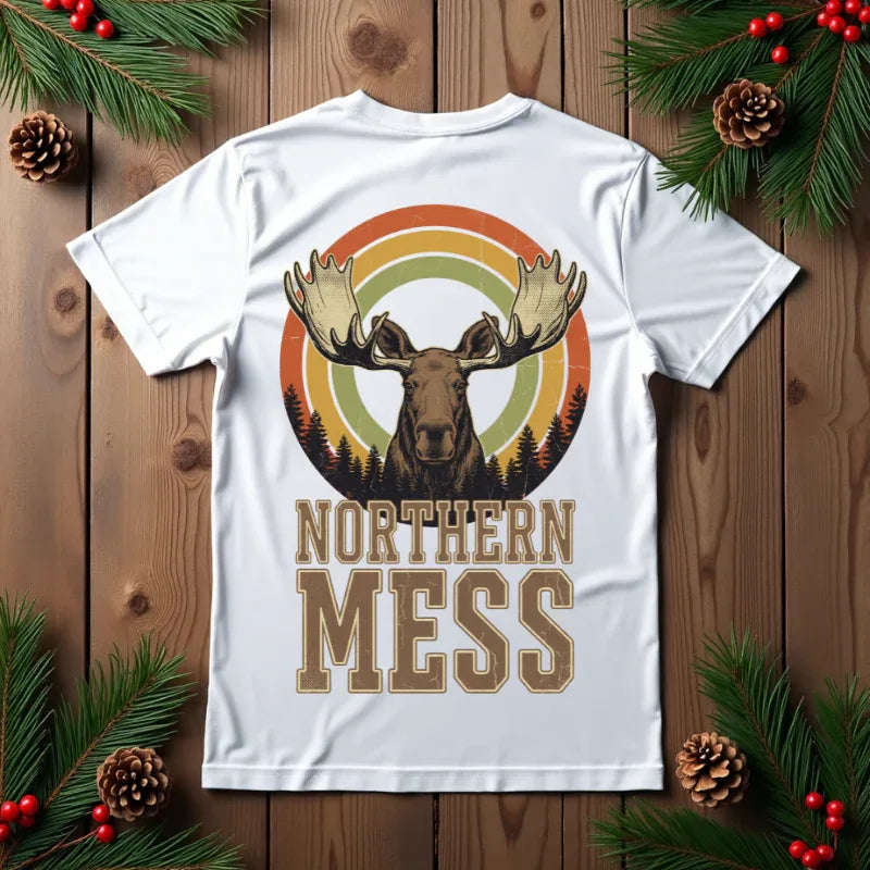 Northern Mess Moose Shirt, Retro Sunset Rainbow Tee, Vintage Wildlife Graphic T-Shirt, Cabin Camping Hiking Outdoors Gift White