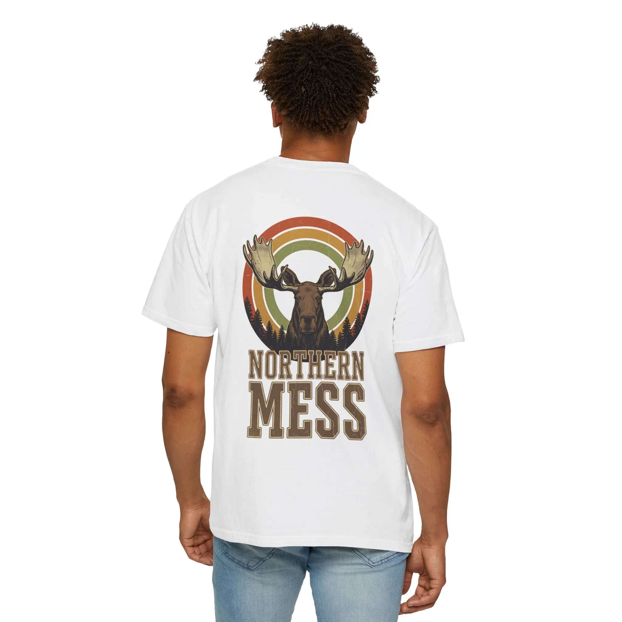 Northern Mess Moose Shirt, Retro Sunset Rainbow Tee, Vintage Wildlife Graphic T-Shirt, Cabin Camping Hiking Outdoors Gift