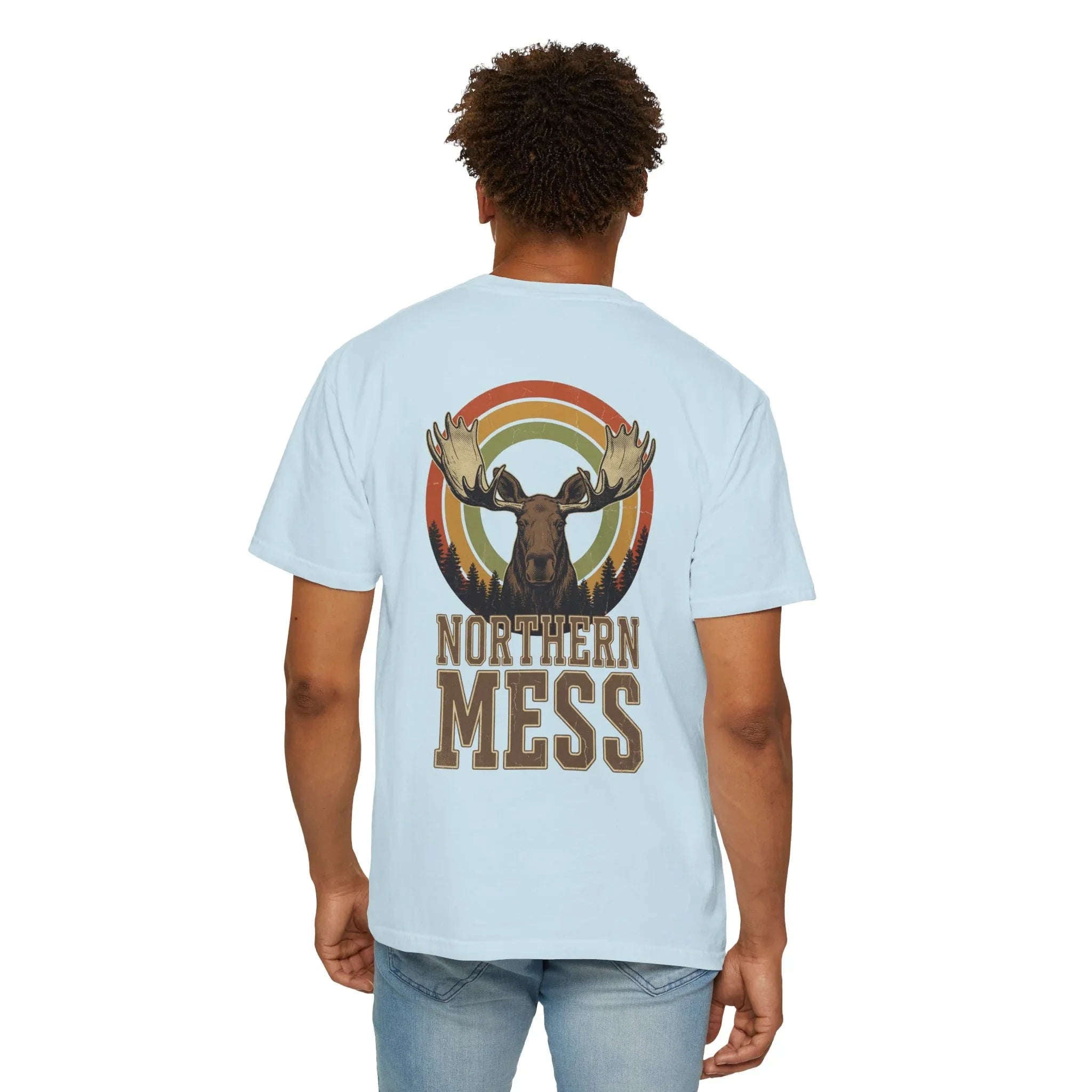 Northern Mess Moose Shirt, Retro Sunset Rainbow Tee, Vintage Wildlife Graphic T-Shirt, Cabin Camping Hiking Outdoors Gift Chambray