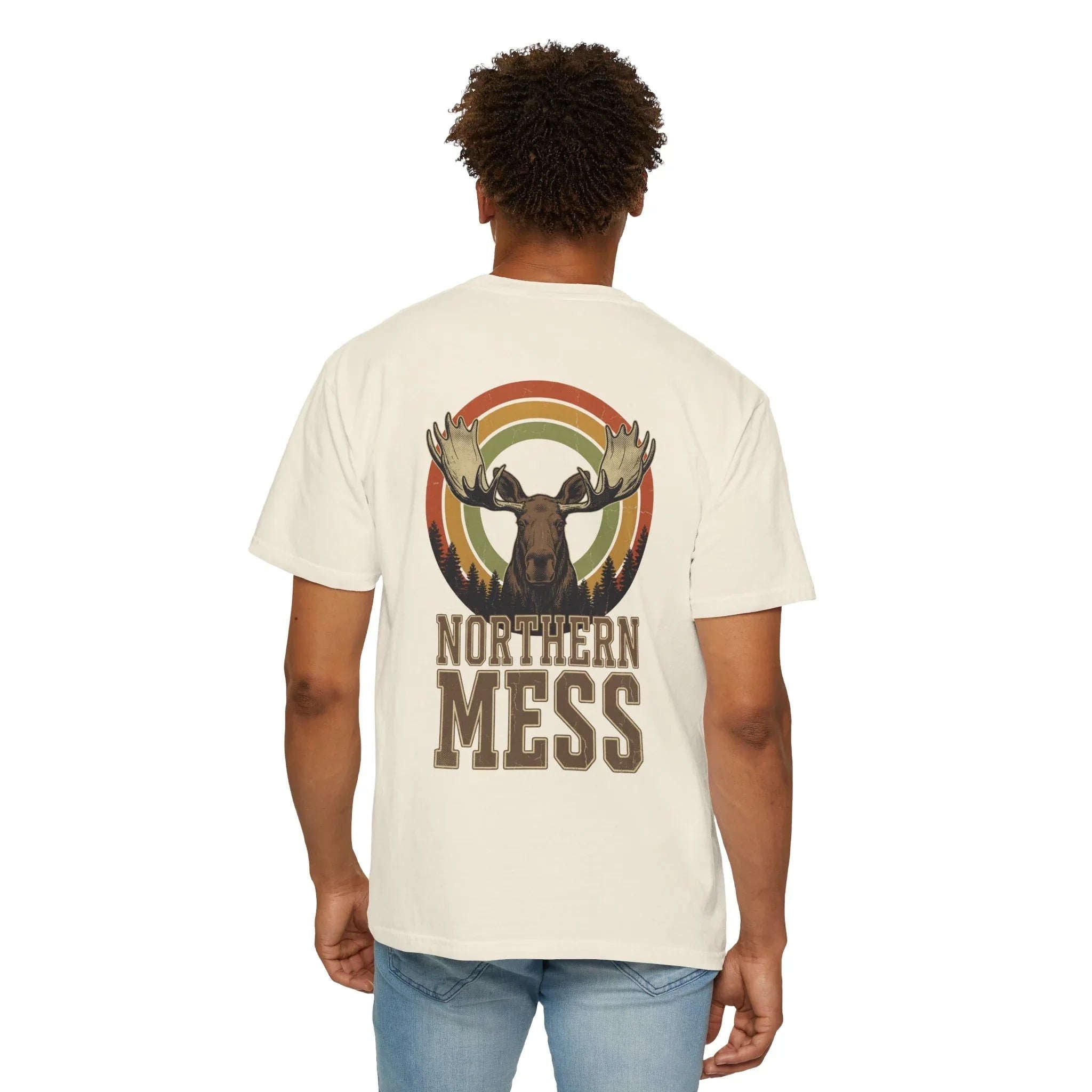 Northern Mess Moose Shirt, Retro Sunset Rainbow Tee, Vintage Wildlife Graphic T-Shirt, Cabin Camping Hiking Outdoors Gift Ivory