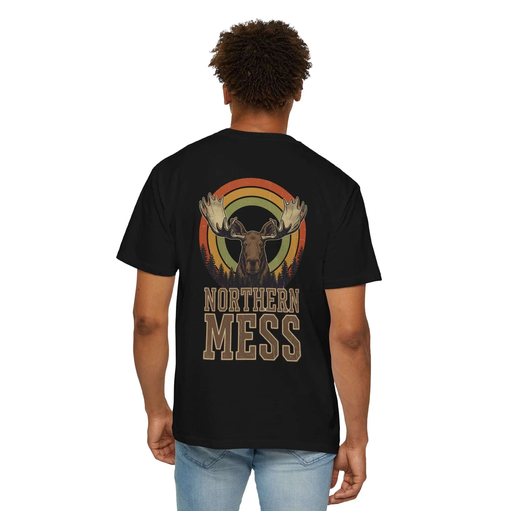 Northern Mess Moose Shirt, Retro Sunset Rainbow Tee, Vintage Wildlife Graphic T-Shirt, Cabin Camping Hiking Outdoors Gift Black