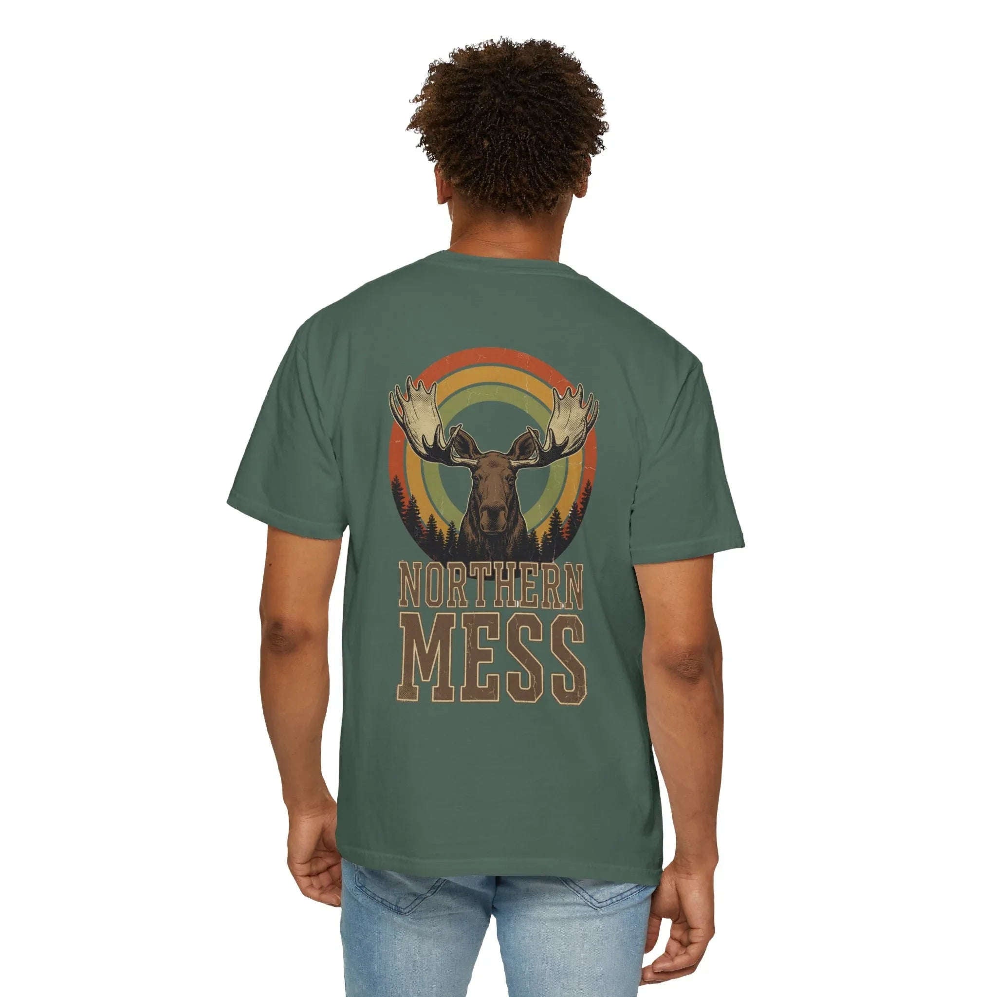 Northern Mess Moose Shirt, Retro Sunset Rainbow Tee, Vintage Wildlife Graphic T-Shirt, Cabin Camping Hiking Outdoors Gift Blue Spruce