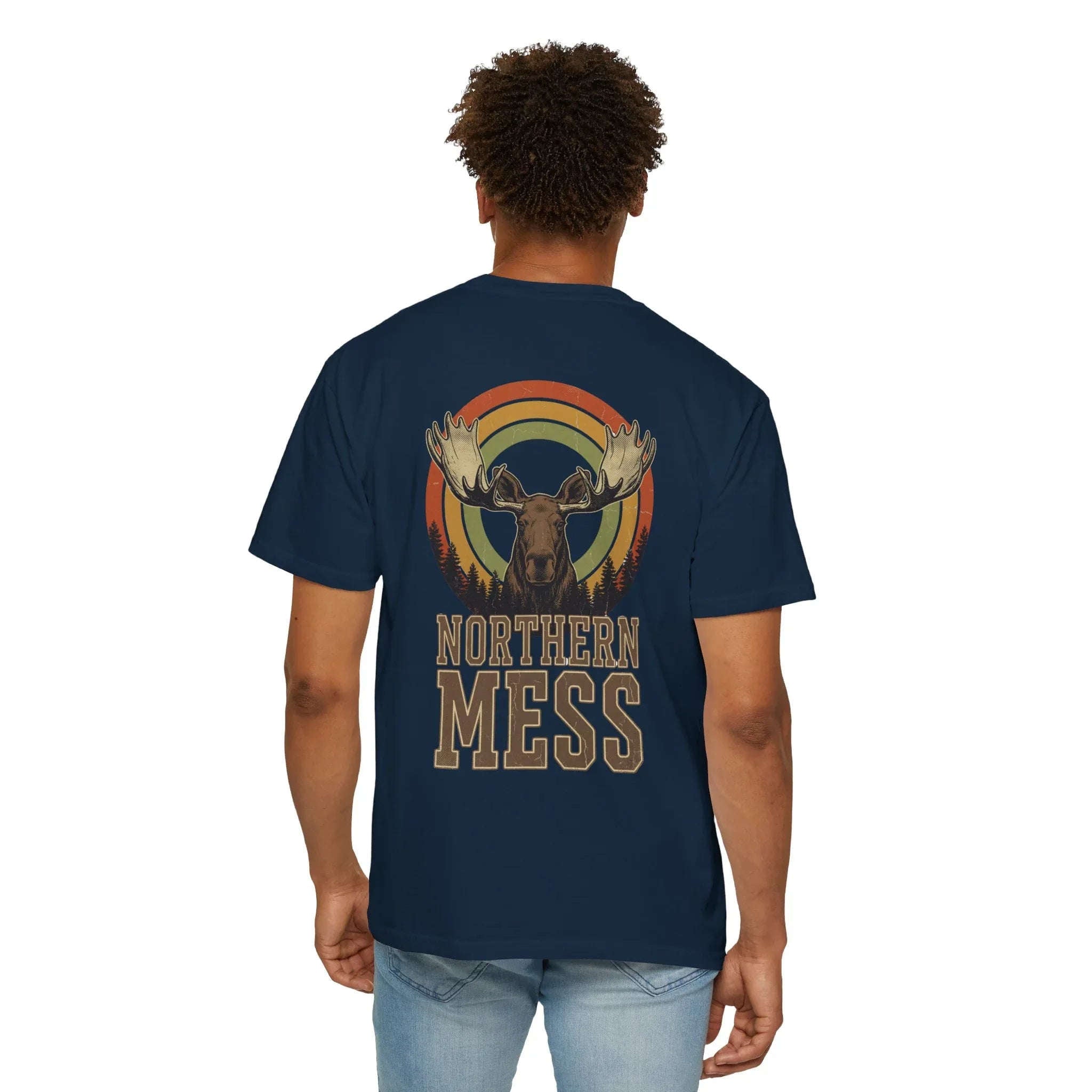 Northern Mess Moose Shirt, Retro Sunset Rainbow Tee, Vintage Wildlife Graphic T-Shirt, Cabin Camping Hiking Outdoors Gift True Navy